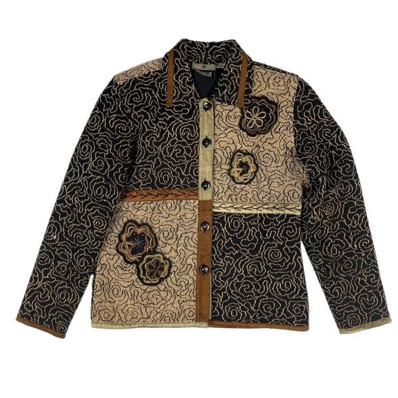 Yak Magik Jacket Embroidered Beaded Silk Women's Size S Blanket Coat Black Tan - Picture 1 of 10